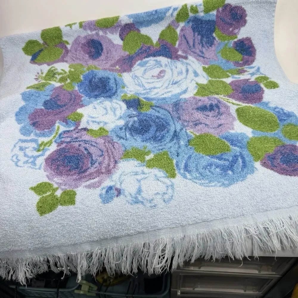 Set 3 Vintage Retro Floral MCM Blue Green Bath Towel Set Fringe USA
